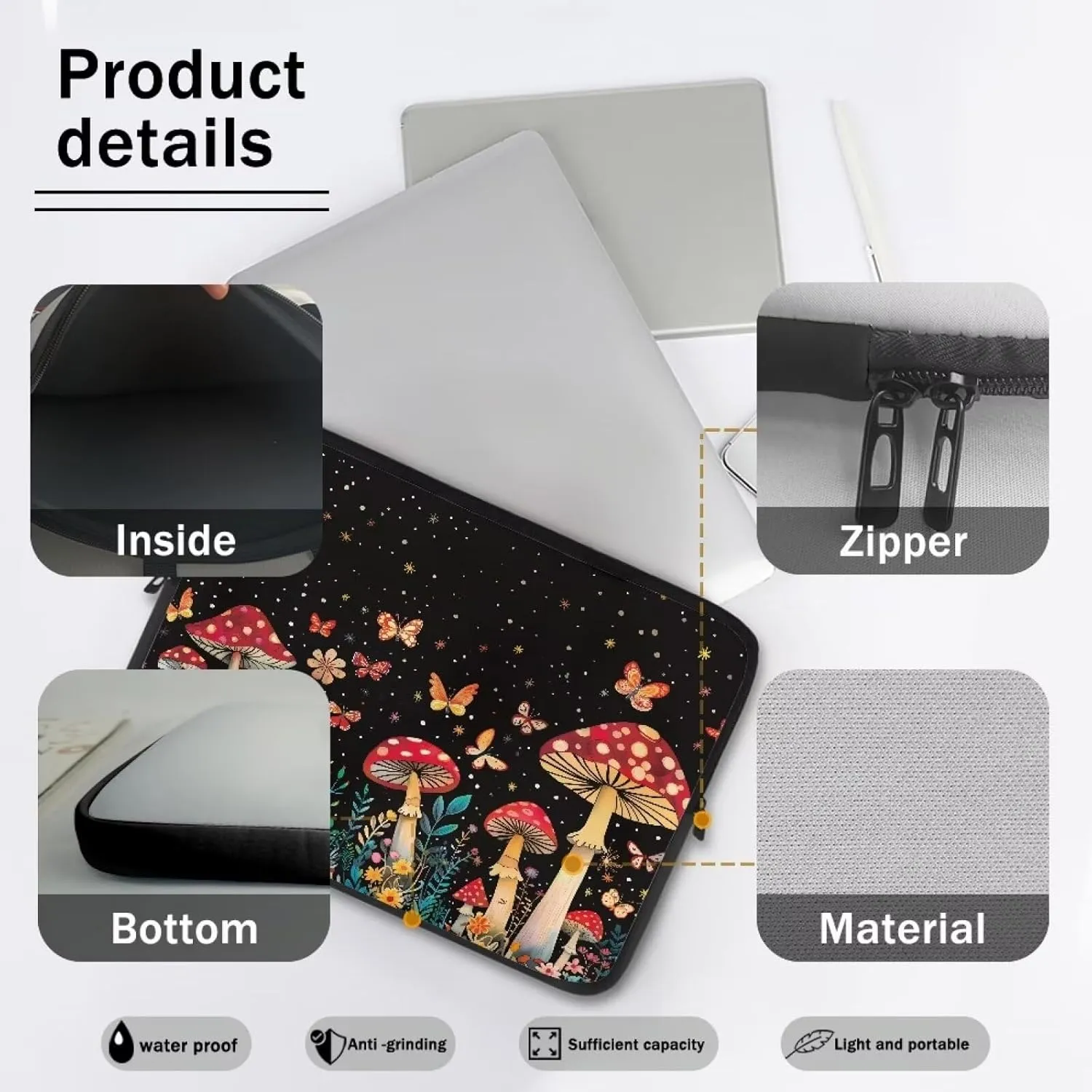 10 Inch Mushroom Butterfly Starry Laptop Sleeve Bag Computer Cover Water Resistant Tablet Carrying Case Decorative Notebook Briefcase Handbag, Gifts for Men Women