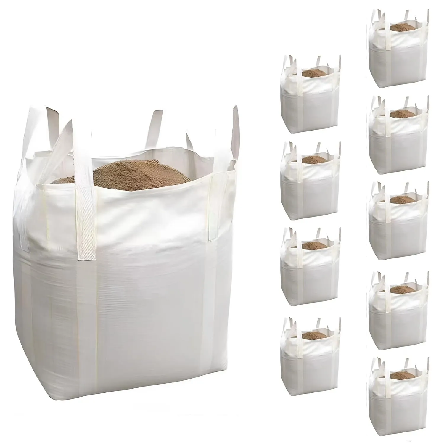 [10 Pack] FIBC Bulk Bags, 3300 lbs, 1.5 Ton, 35"L x 35"W x 43"H, Woven Polypropylene with Cinch-top Closure & Flat Bottom, 4 Lift Loops, White