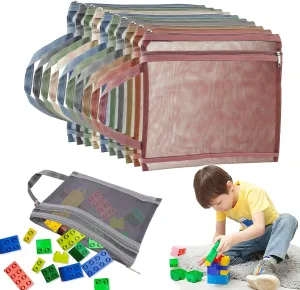 10 Pack Mesh Zipper Pouch Bags, YELIENM A4 Colored Zipper Pouch Double-Layer Nylon Puzzle Organizers and Storage Building Block Toy Board Game Storage Clear Zipper Bags for School Office and Home