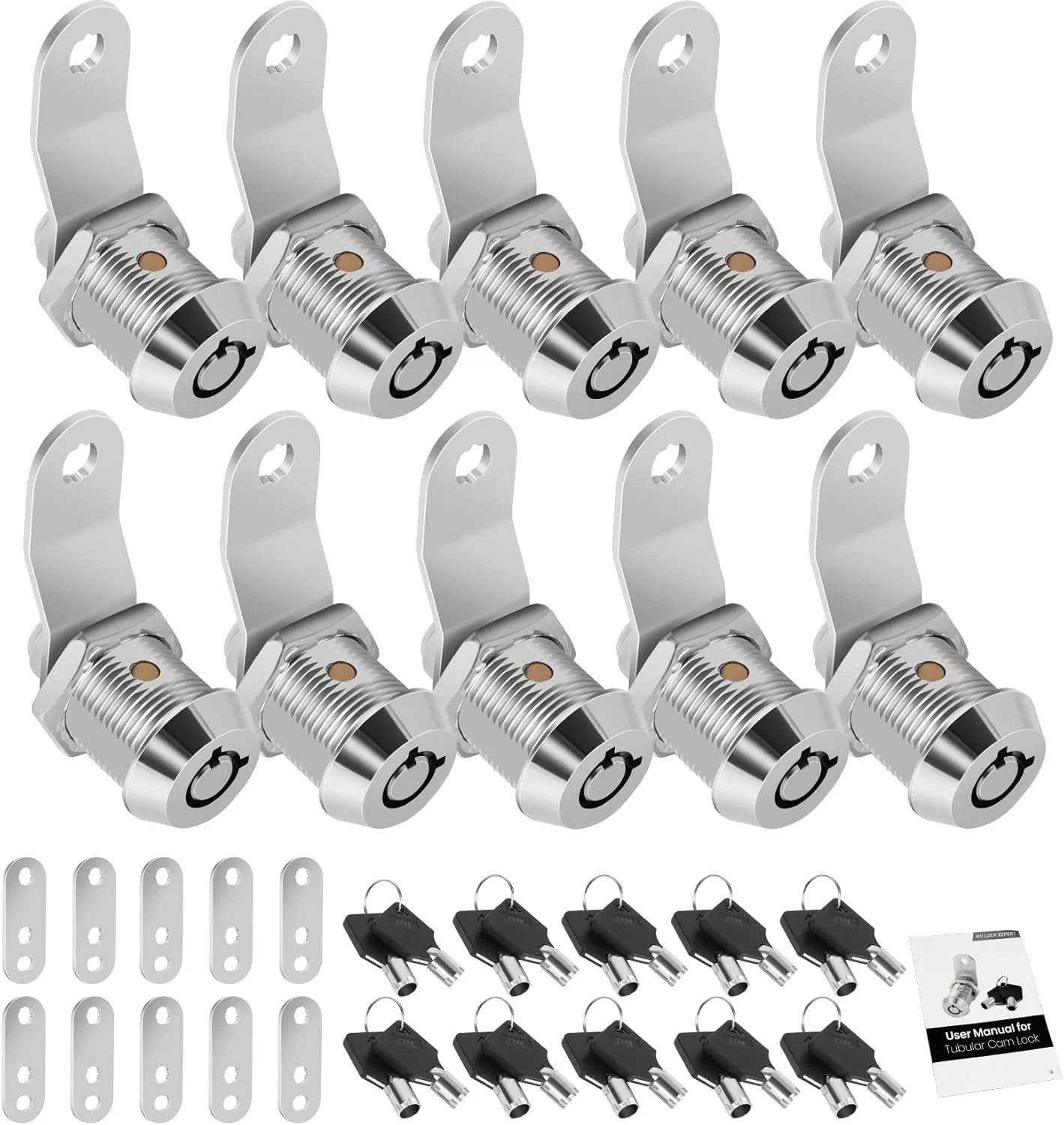 10 Pack Tool Box Lock with Keys, 5/8" Cabinet Lock Cam Lock Keyed Alike, Toolbox Lock Replacement Lock for Mailbox RV Storage Door with Manual, Zinc Alloy (10Pack，5/8 Inch)