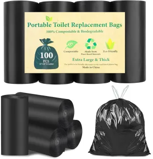 100 PCS Portable Toilet Bags for Camping - Drawstring Biodegradable Porta Potty 8 Gallon Thickened Waste Bags for 5 Gallon Bucket Toilets, Compostable for Adults (100 Count)