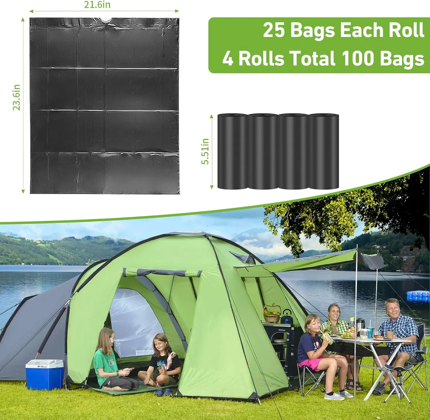 100 PCS Portable Toilet Bags for Camping - Drawstring Biodegradable Porta Potty 8 Gallon Thickened Waste Bags for 5 Gallon Bucket Toilets, Compostable for Adults (100 Count)