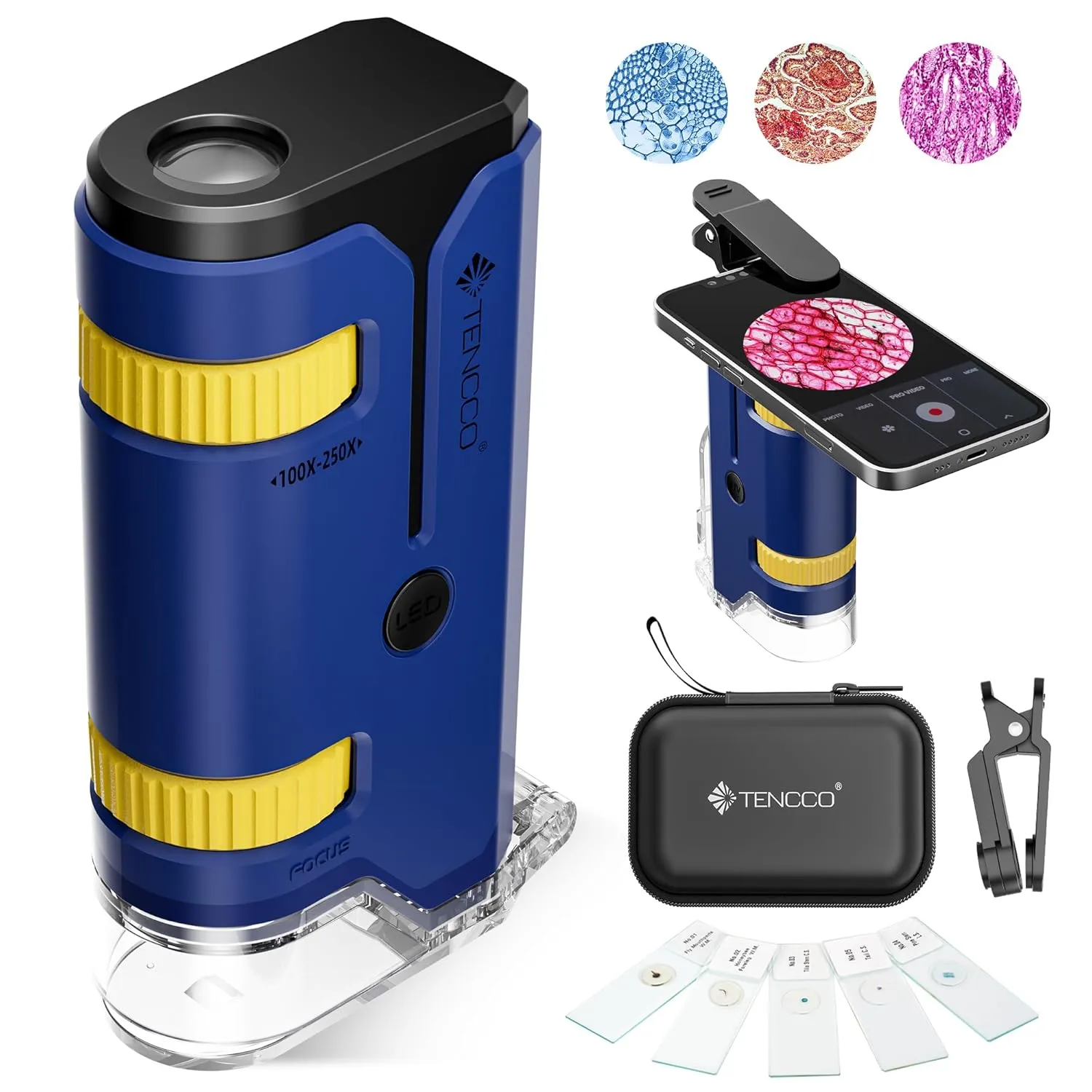 100x-250x Pocket Microscope for Kids Adults, Protable Handheld Miniscope, Mini Microscope Kit for Kids Adults Home School Lab Biology Science Education, Blue