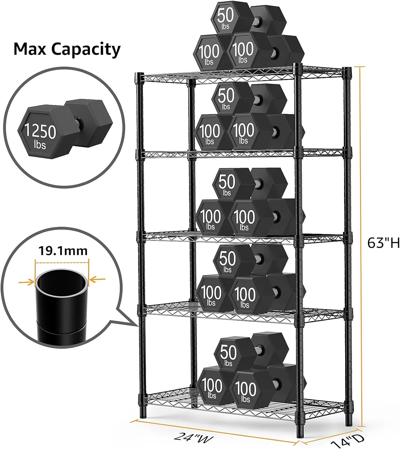 1250 lbs Storage Shelving Utility Shelving Unit 5-Tier Utility Shelving Unit Steel Organizer Wire Rack for Home,Kitchen,Office (13.7" D x 23.6" W x 62.4" H)