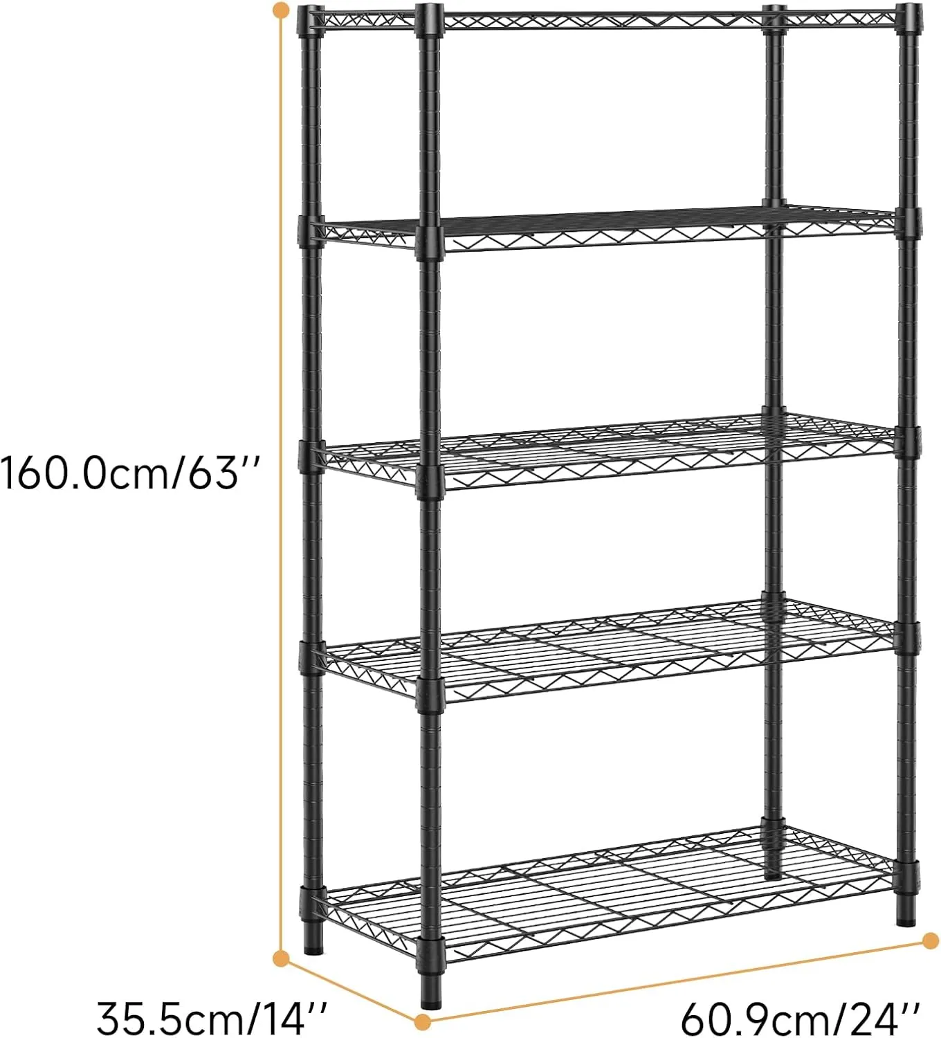 1250 lbs Storage Shelving Utility Shelving Unit 5-Tier Utility Shelving Unit Steel Organizer Wire Rack for Home,Kitchen,Office (13.7" D x 23.6" W x 62.4" H)