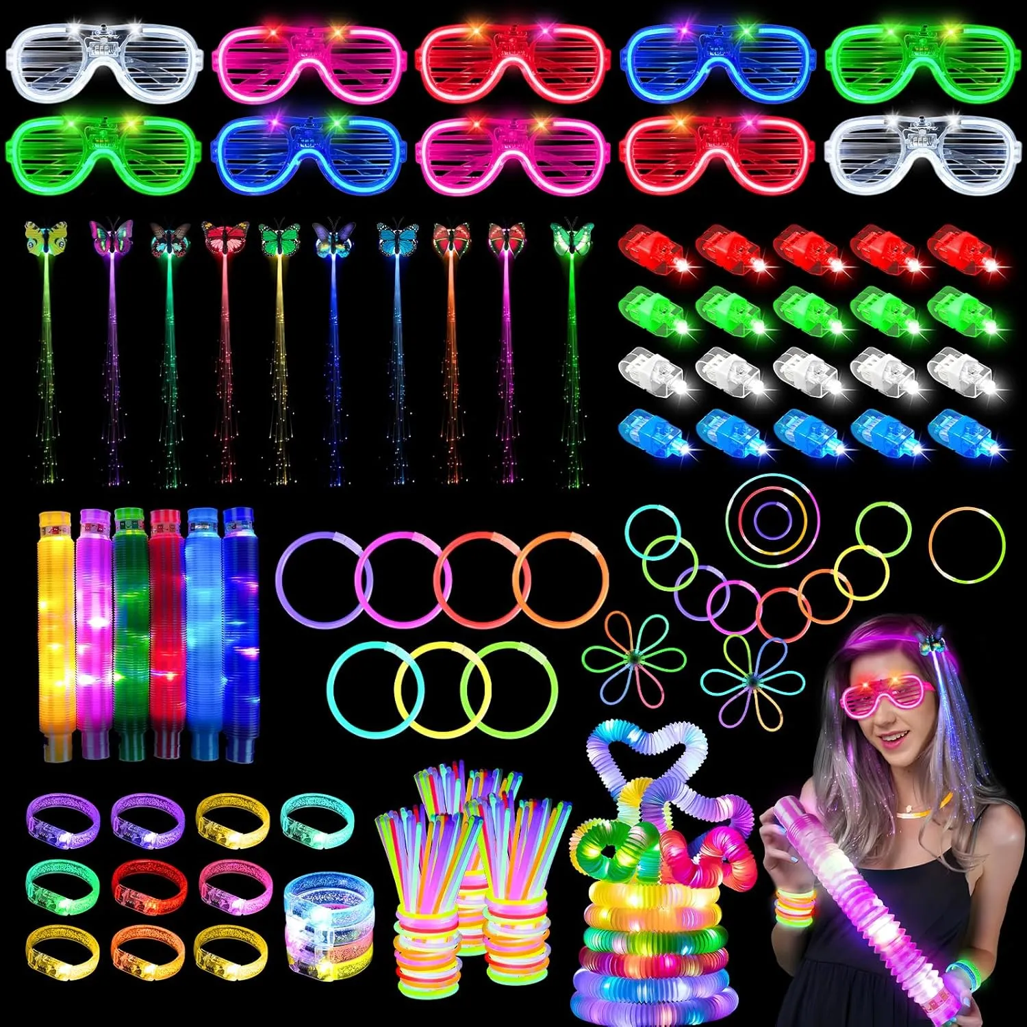146PCS Glow in the Dark Party Supplies, New Year Party Favors, Neon Light Up Party Favors, 100 Glow Sticks Bulk Party Pack DIY Glow Glasses Headbands Necklaces for Neon Party Supplies & Decorations