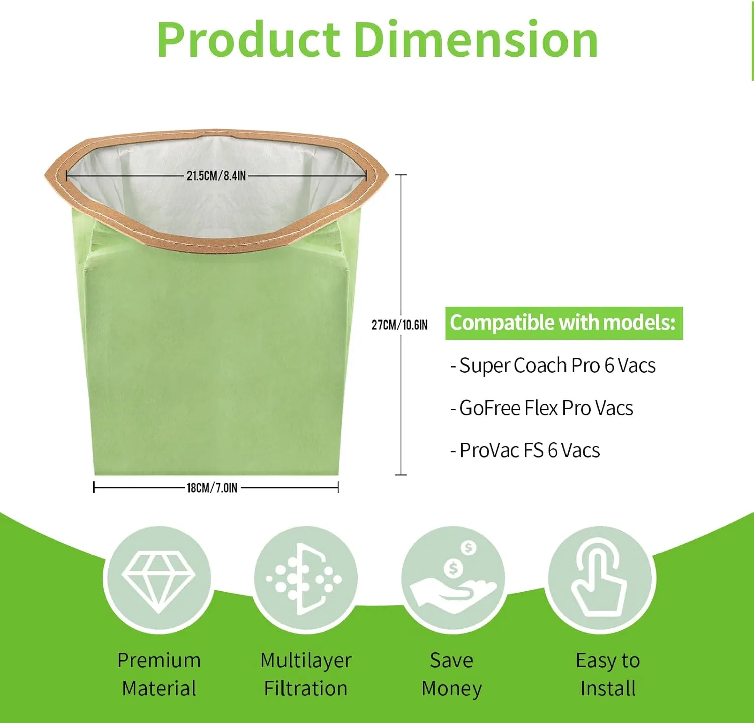 15 Pack Replacement 107314 Micro Filter Bags for ProTeam Super Coach Pro 6 GoFree Flex Pro and ProVac FS 6 Vacuum Open Triangular Collar 6 Quart