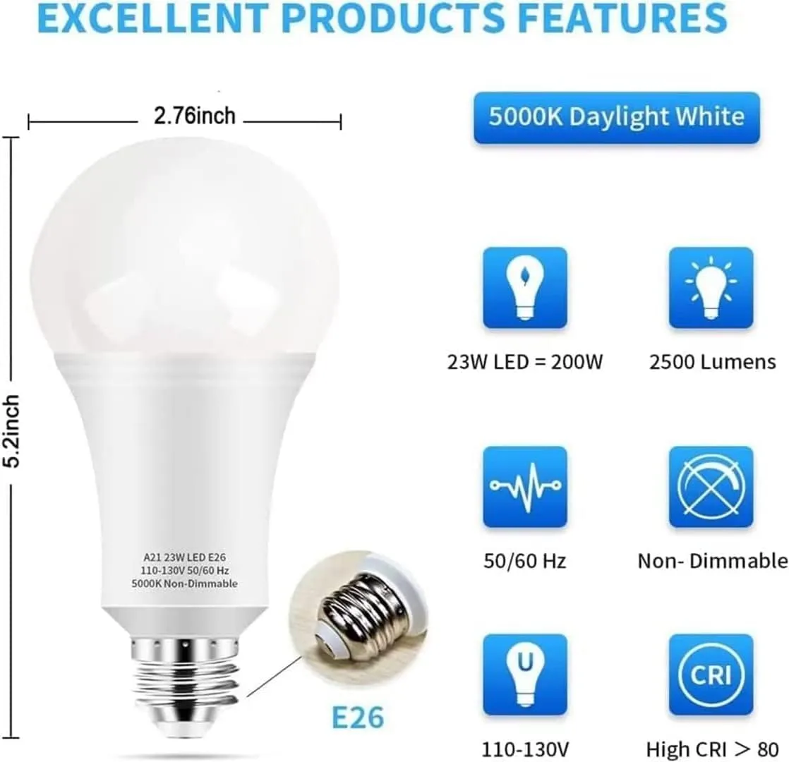 150 Watt LED Light Bulbs, Daylight White 5000K, 2500 Lumens Super Bright LED Bulbs, E26 Base, A21 LED Bulbs 23W Energy Saving, Non-Dimmable Bulbs for Living Room Bedroom Garage Office, 12 Packs