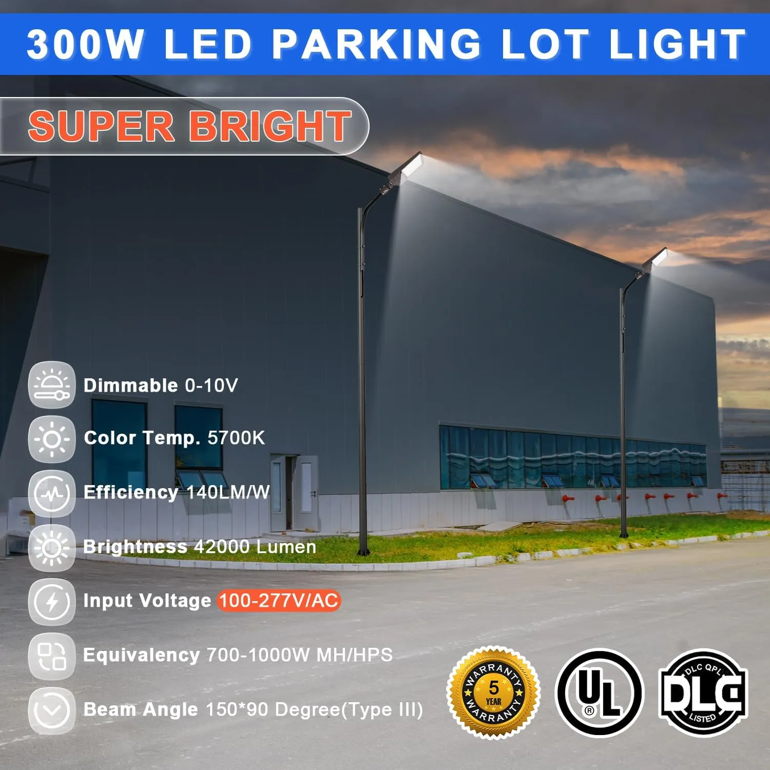 150W LED Parking Lot Light 21000LM LED Shoebox Area Light 5700K Dimmable Outdoor Commercial Street Lighting -10KV Surge Protection IP65 100-277V UL DLC Listed(Slip Fitter Mount,300W-120V-5700K)
