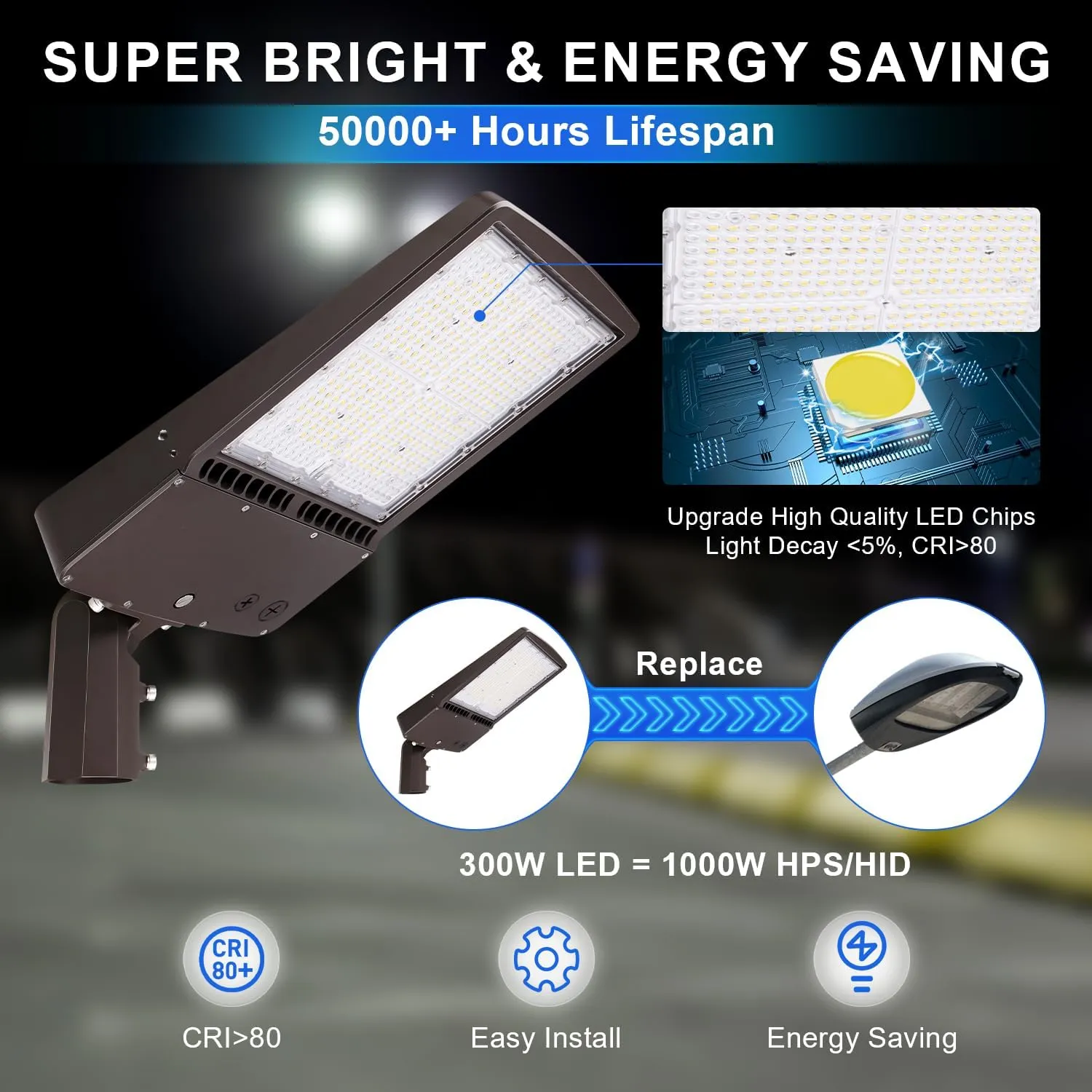 150W LED Parking Lot Light 21000LM LED Shoebox Area Light 5700K Dimmable Outdoor Commercial Street Lighting -10KV Surge Protection IP65 100-277V UL DLC Listed(Slip Fitter Mount,300W-120V-5700K)