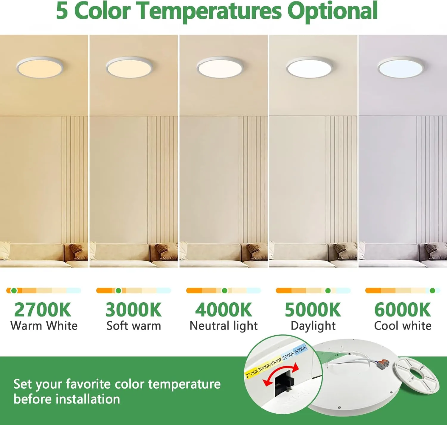 15.8 Inch Dimmable LED Flush Mount Ceiling Light, 32W, 3480LM, 3000K/3700K/4000K/5000K/6000K, Round Flat Panel Low Profile Ceiling Light Fitures for Hallway, Kitchen, Bedroom, 2PK White