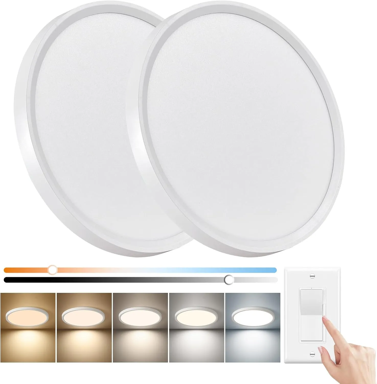 15.8 Inch Dimmable LED Flush Mount Ceiling Light, 32W, 3480LM, 3000K/3700K/4000K/5000K/6000K, Round Flat Panel Low Profile Ceiling Light Fitures for Hallway, Kitchen, Bedroom, 2PK White