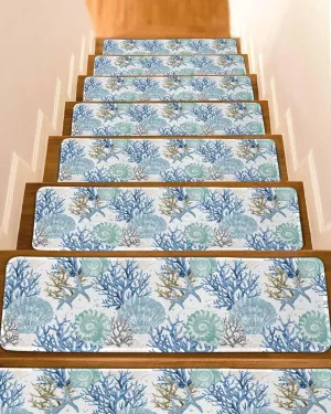 15Pack Non Slip Stair Treads for Wooden Steps Watercolor Beach Starfish Shell Coral Indoor Washable Pads Self Adhesive Stair Runner Carpets, Ocean Tide Themed Step Tread Rugs for Elders,Kids,8x30IN