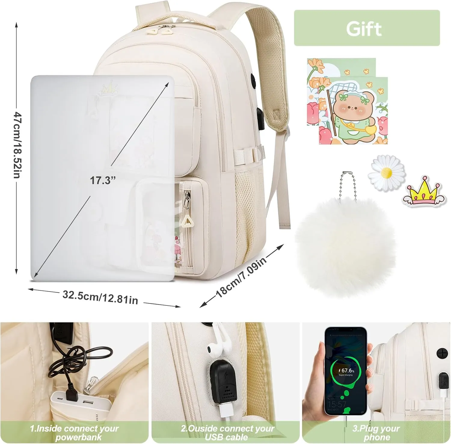 17.3 Inch School Backpack for Teen Girls,Cute Backpacks for Women Aesthetic Bookbag Laptop Bag Back Pack for Middle School
