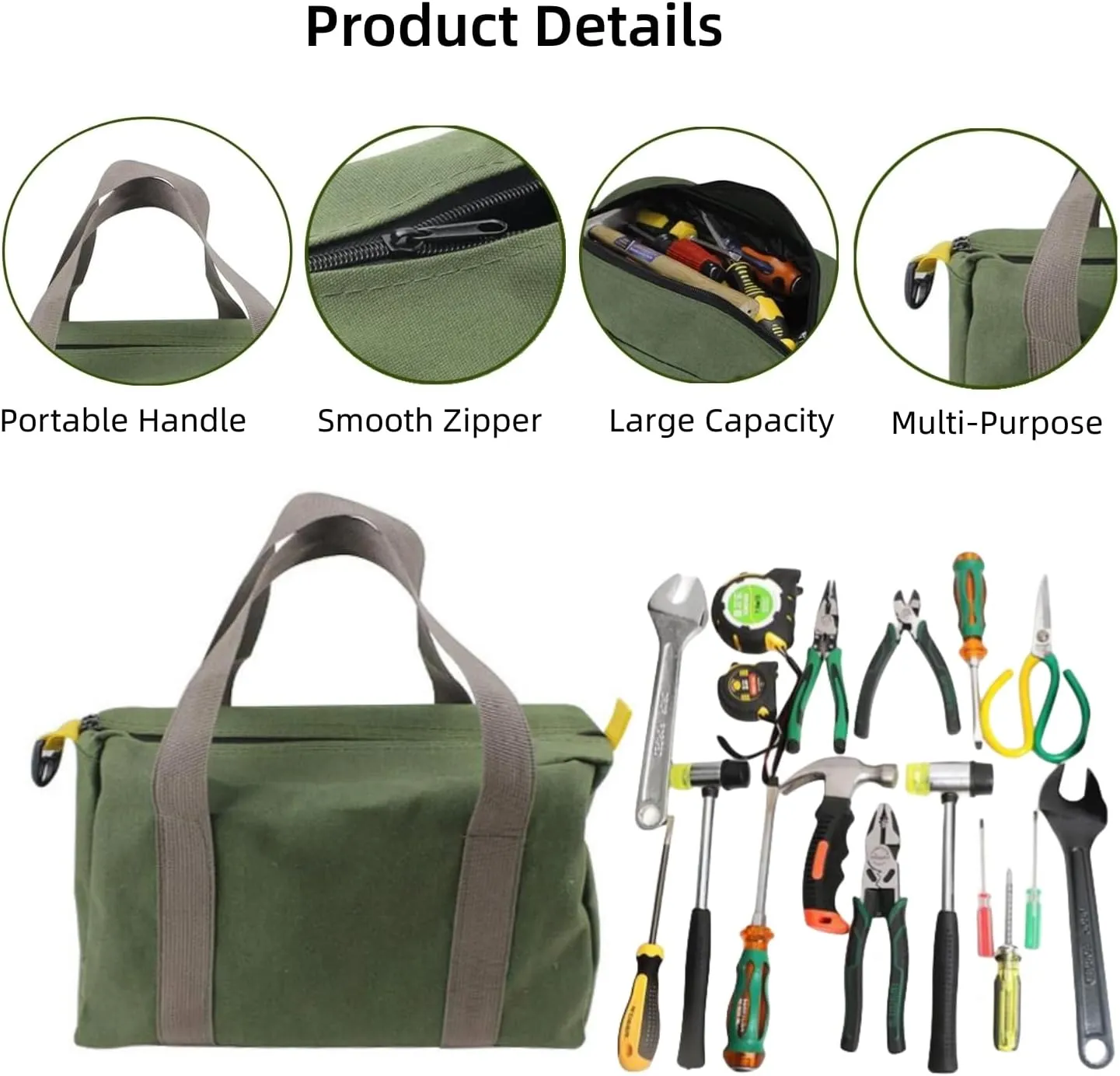18 Inch Wide Mouth Tool Bag, Heavy Duty Canvas Tool Storage Bag for Men, Large Capacity Tool Tote Bag for Electricians, Power Tool Organizer Pouch