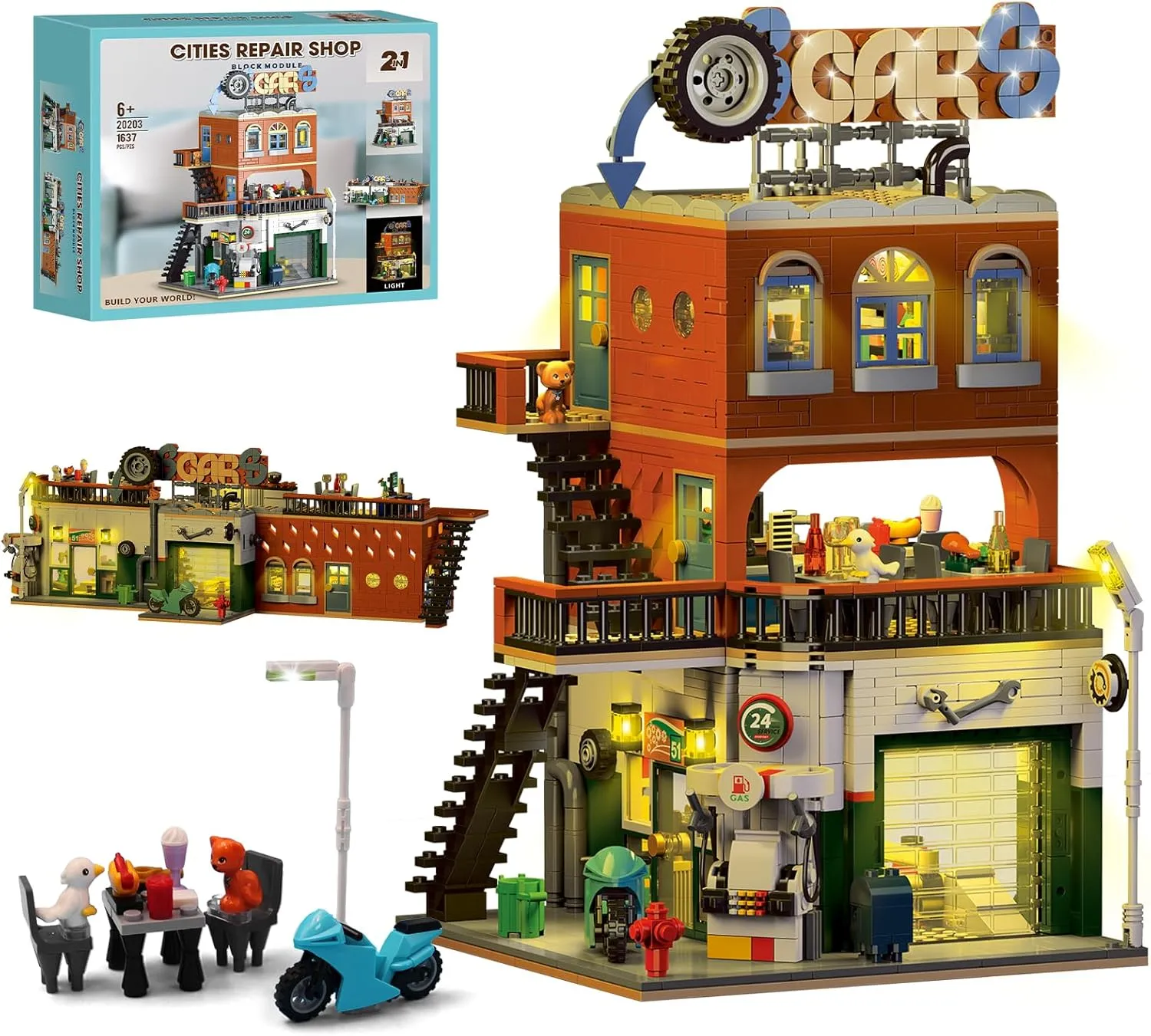 2 IN 1 City Repair Shop House Building Kit with LED Light, Build into 2 House Sets Includes Car Workshop, Restaurant, Convenience Store, Building Toys Sets for Adult Boys Kids, Birthday Gifts,1637 PCS