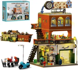 2 IN 1 City Repair Shop House Building Kit with LED Light, Build into 2 House Sets Includes Car Workshop, Restaurant, Convenience Store, Building Toys Sets for Adult Boys Kids, Birthday Gifts,1637 PCS