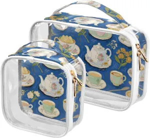 2 Pack clear Art Painting Blue Afternoon Tea toiletry bag travel TSA approved portable cosmetic bag travel Airport Airline Compliant