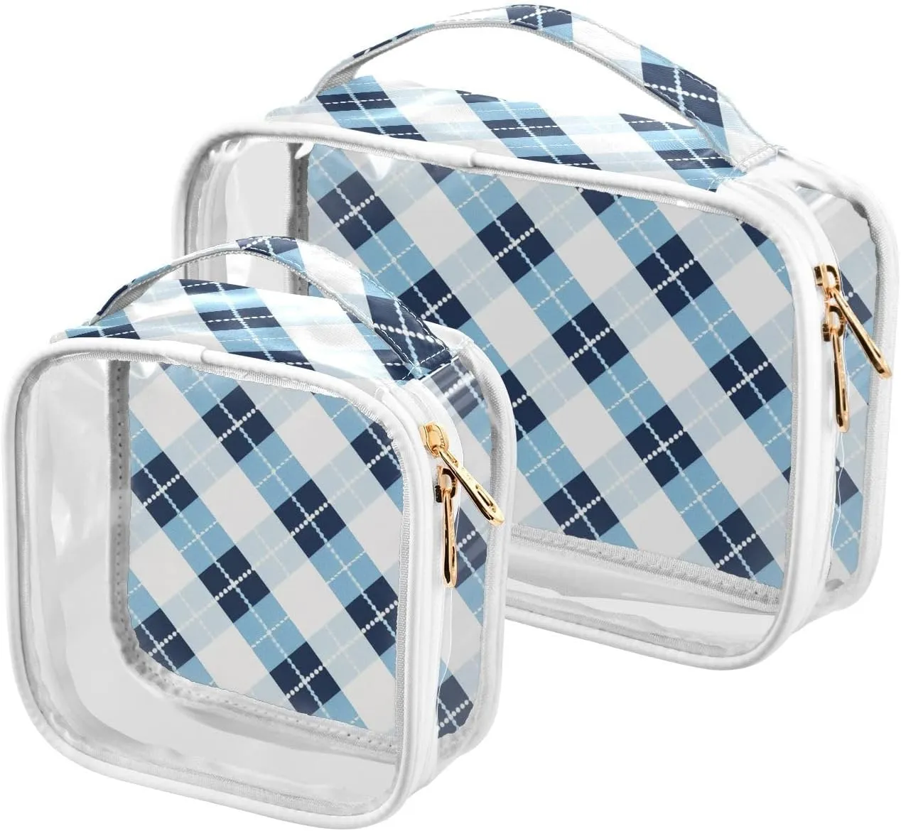 2 Pack clear Blue White Plaid hanging toiletry bags TSA approved water-resistant makeup travel bag travel essential