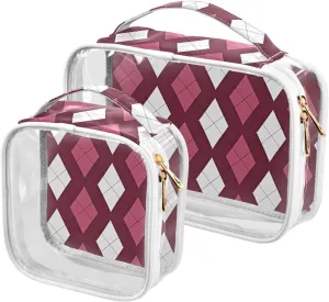 2 Pack clear Brown Red Checkered Rhombus Plaid large toiletry bag TSA approved water-resistant makeup bag travel Airport Airline Compliant