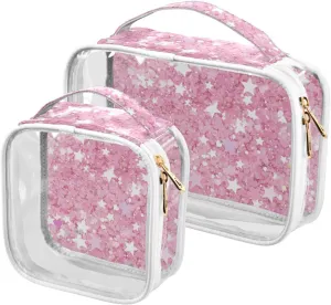 2 Pack clear Glittering Stars Baby Peach mens toiletry travel bag TSA approved waterproof small makeup bag Airport Airline Compliant