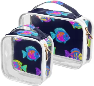 2 Pack clear Summer Neon Tropical Fish Color small toiletry bag TSA approved reusable bag travel cosmetic Airport Airline Compliant