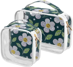 2 Pack clear White Fake Sequin Flowers toiletry bag travel TSA approved multifunctional travel cosmetic bag shaving essentials