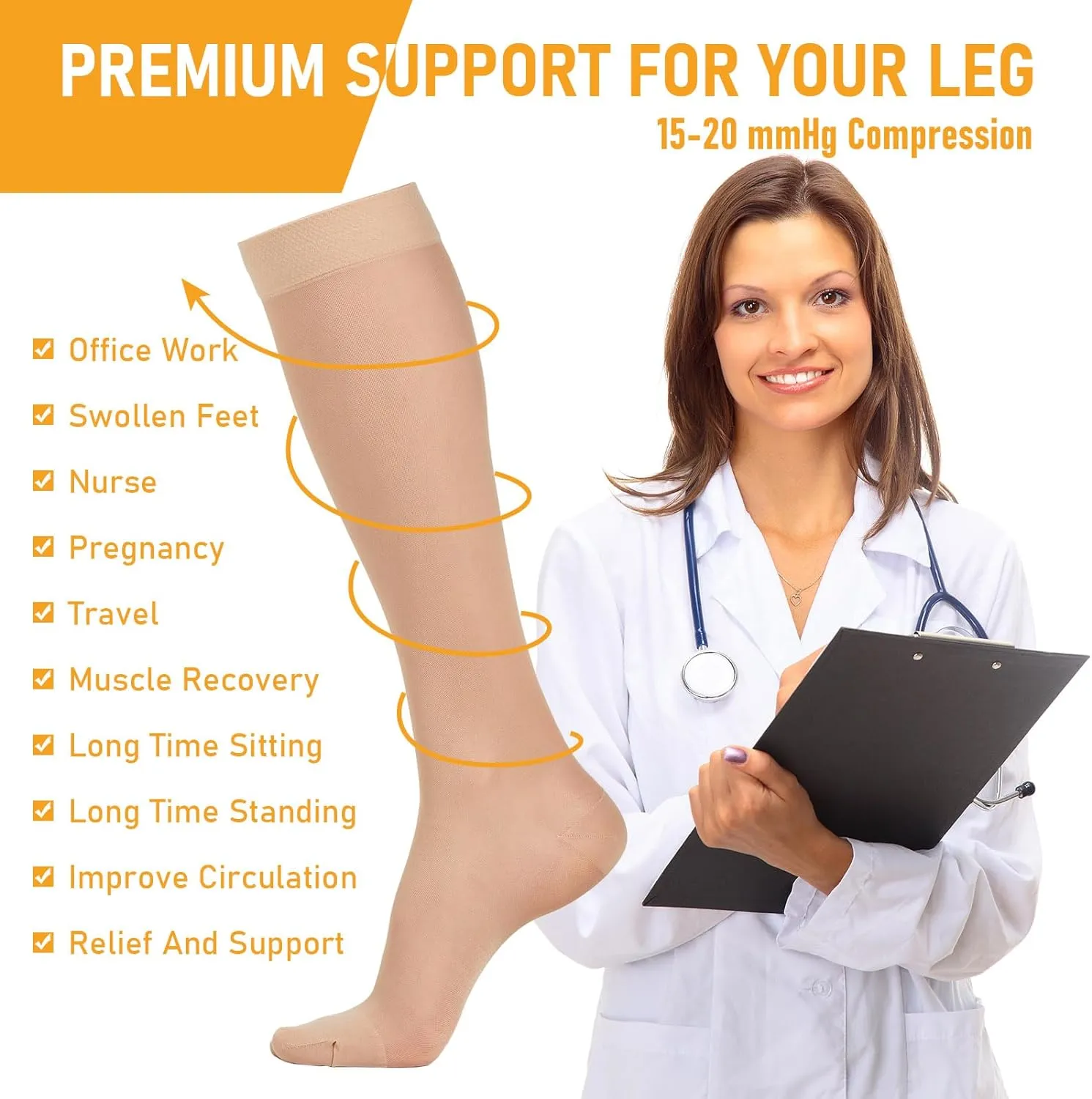 2 Pairs Sheer Compression Socks for Women - 15-20 mmHg Knee High Sheer Compression Stockings for Support Circulation Swelling Edema Work Office Travel, Beige, Medium