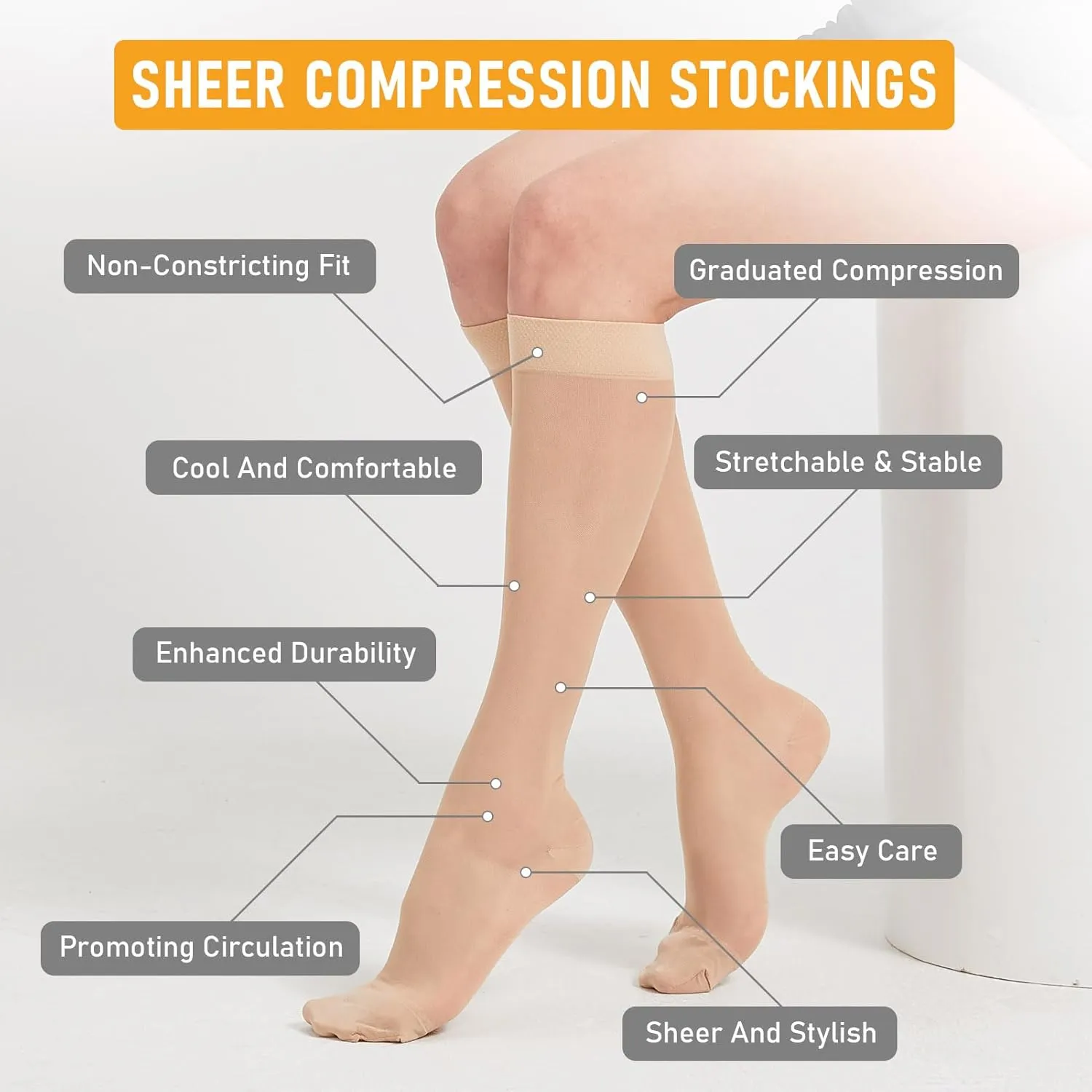 2 Pairs Sheer Compression Socks for Women - 15-20 mmHg Knee High Sheer Compression Stockings for Support Circulation Swelling Edema Work Office Travel, Beige, Medium