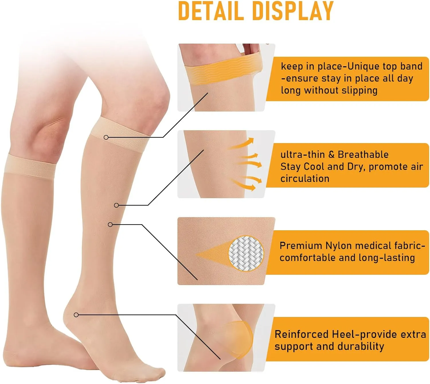 2 Pairs Sheer Compression Socks for Women - 15-20 mmHg Knee High Sheer Compression Stockings for Support Circulation Swelling Edema Work Office Travel, Beige, Medium