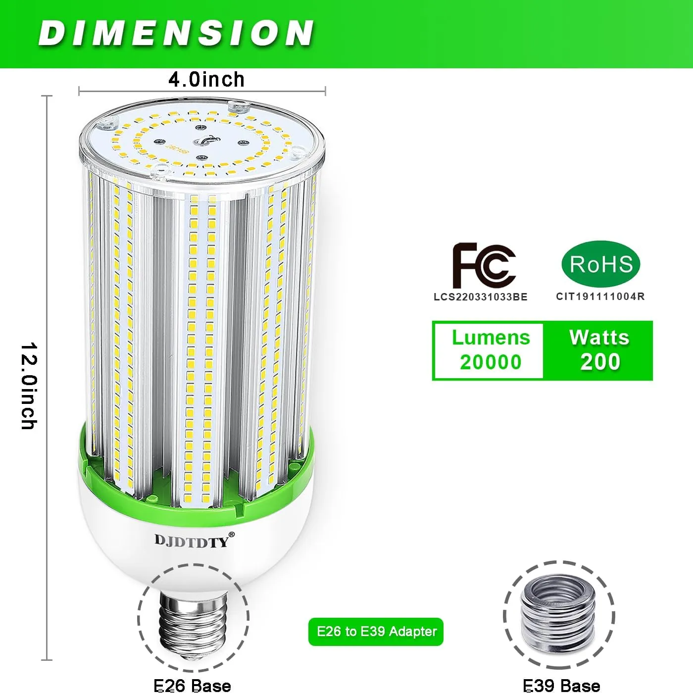 200WLED Corn Bulb, E26 Base with E39 Adapter, 5000K 20000LM LED Light Bulb for Garage Warehouse Workshop Barn (200Watts)