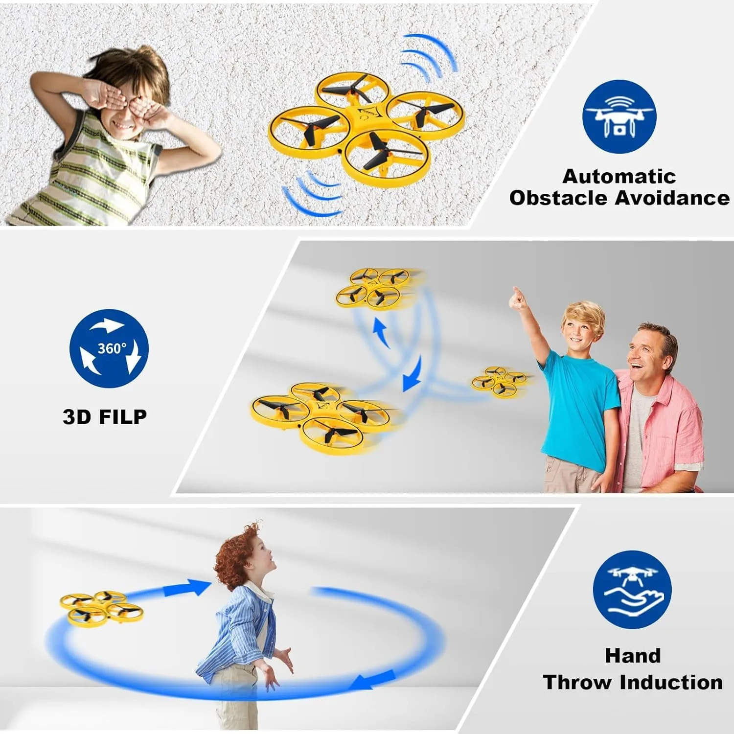 2025 Upgraded Hand Controlled Drone for Kids,Somatosensory aircraft with Smart Watch Controlled, Gesture sensing aircraft Cool LED Remote Control Drone 360° Flips,quadcopter,Toys Gifts for Boys and Girls (3-Yellow extra battery and handle)