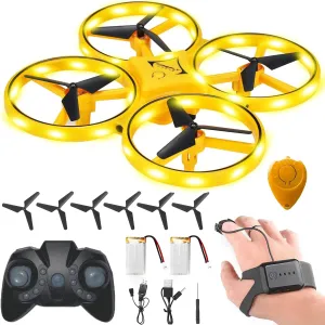 2025 Upgraded Hand Controlled Drone for Kids,Somatosensory aircraft with Smart Watch Controlled, Gesture sensing aircraft Cool LED Remote Control Drone 360° Flips,quadcopter,Toys Gifts for Boys and Girls (3-Yellow extra battery and handle)