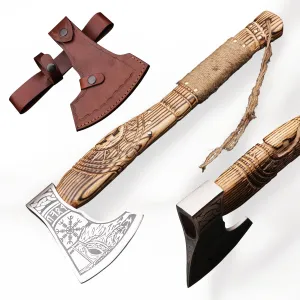 20" Handmade Carbon Steel Viking Axe with Ash Wood Shaft, Viking Camping Axe & Hatchet. Beautiful Gift for Father, Brother and for Him or Her (Medieval Axe)