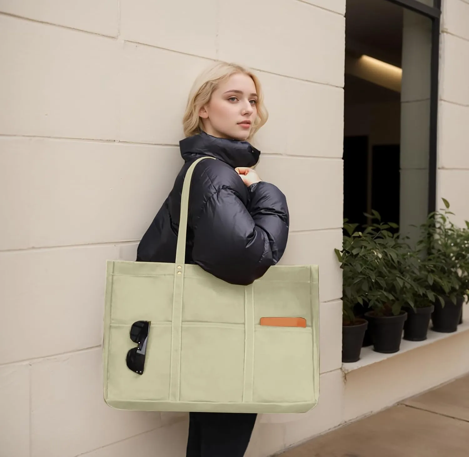 21.6" Large Canvas Tote Bag for Women with Multi-pockets and Laptop Sleeve Utility Tote Bag Big Everything Bags