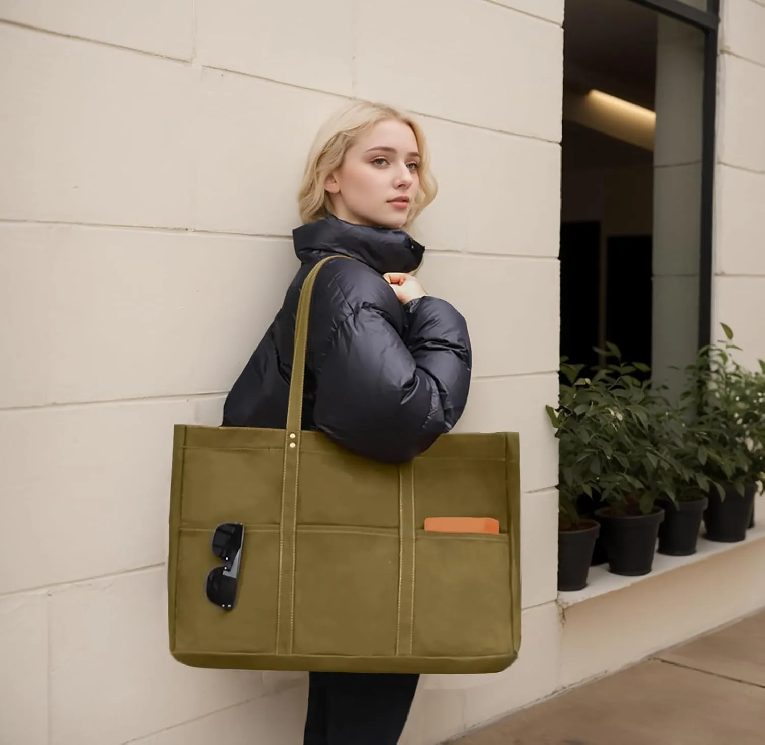 21.6" Large Canvas Tote Bag for Women with Multi-pockets and Laptop Sleeve Utility Tote Bag Big Everything Bags