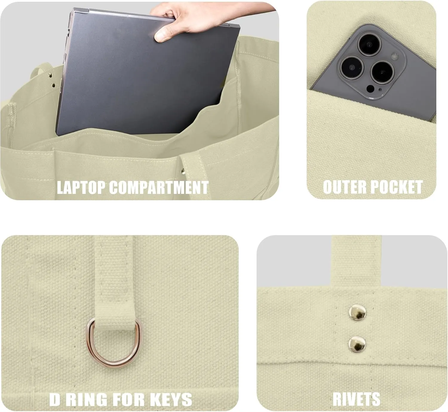 21.6" Large Canvas Tote Bag for Women with Multi-pockets and Laptop Sleeve Utility Tote Bag Big Everything Bags