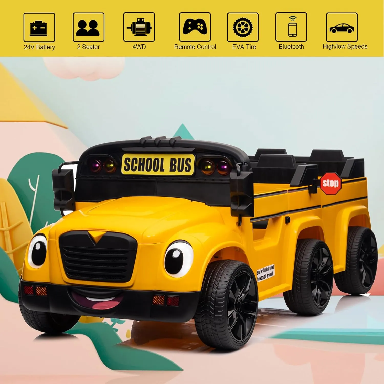 24V 2 Seater Ride on School Bus,6 Wheels Ride on Toy w/Remote Control,LED Light, Music, Bluetooth,4WD Kids Ride on Car,Electric Truck Vehicle,Ride On Toys for Boys Girls (Yellow)