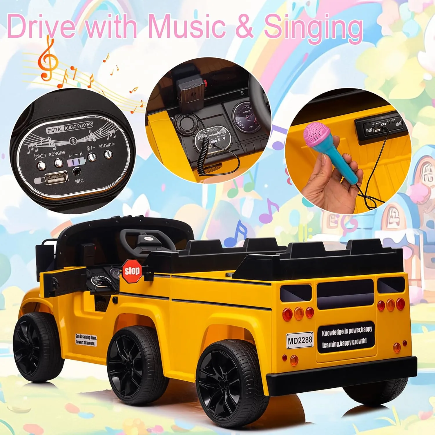 24V 2 Seater Ride on School Bus,6 Wheels Ride on Toy w/Remote Control,LED Light, Music, Bluetooth,4WD Kids Ride on Car,Electric Truck Vehicle,Ride On Toys for Boys Girls (Yellow)