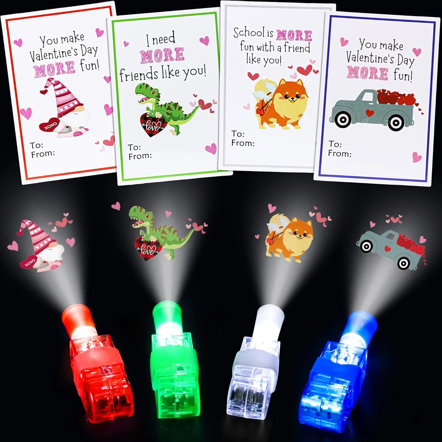 28Pcs Finger Lights Valentines Day Gifts for Kids, Valentines Day Cards for Kids School Classroom Light Up Bulk Toys Party Favors for Kids Toddler Valentines Exchange Goodie Bag Stuffers Treats Prizes