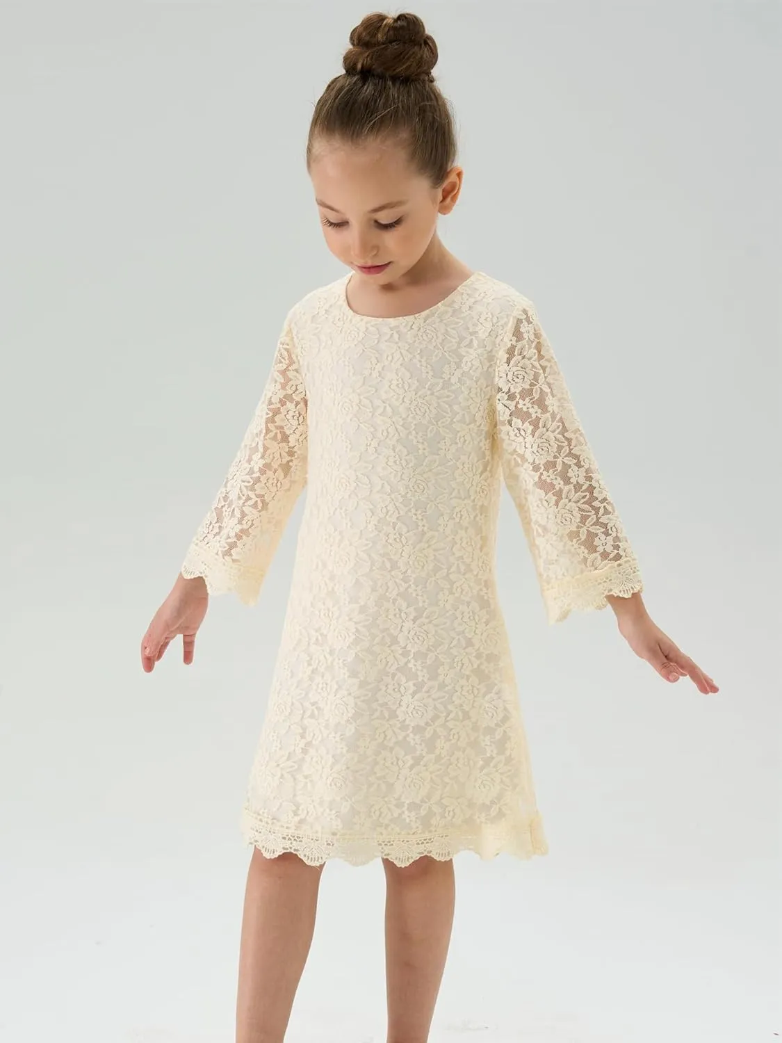 2Bunnies Girl Vintage Lace Scalloped Trim Boho Rustic Country Baptism Flower Girl Dress