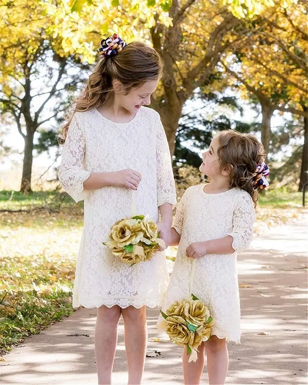 2Bunnies Girl Vintage Lace Scalloped Trim Boho Rustic Country Baptism Flower Girl Dress