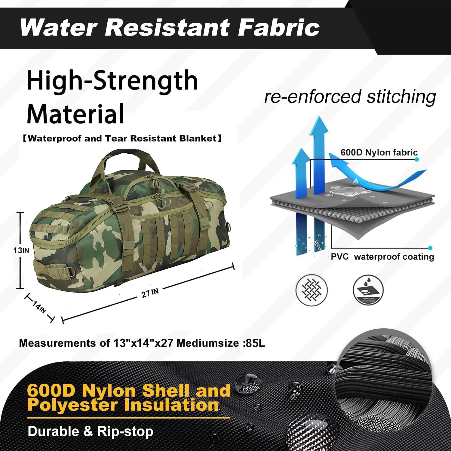 3 In 1 Tactical 85L Military Backpack Travel Duffle Bag for Weekender Gym Workout Deployment