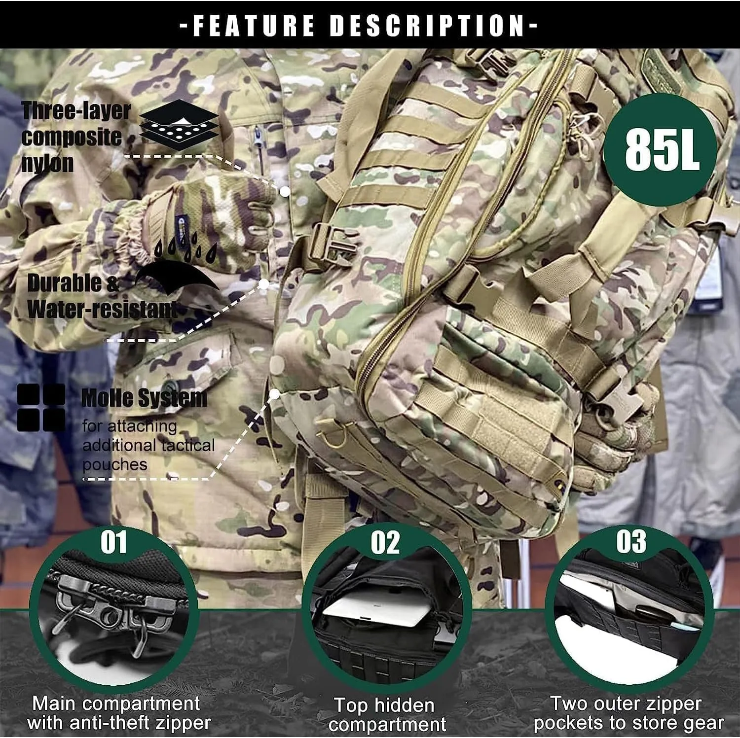 3 In 1 Tactical 85L Military Backpack Travel Duffle Bag for Weekender Gym Workout Deployment
