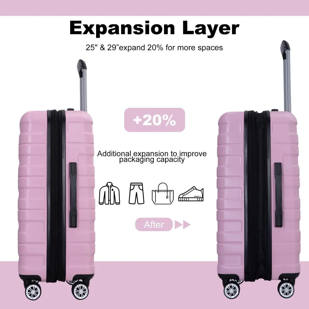 3-Piece Expandable Luggage Set (21"/25"/29") - PC Lightweight Hardshell Suitcases with Lock, Double Spinner Wheels & 2 Utility Hooks - Sand Color Carry-On & Checked Luggage (Pink   PC)