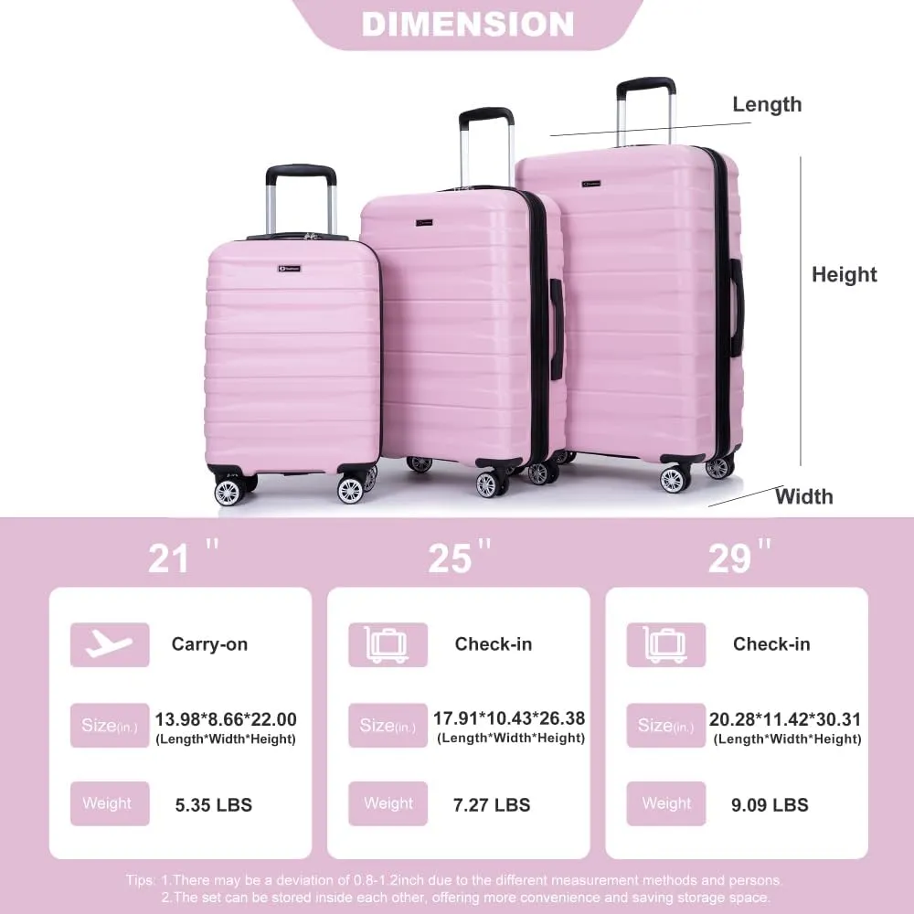 3-Piece Expandable Luggage Set (21"/25"/29") - PC Lightweight Hardshell Suitcases with Lock, Double Spinner Wheels & 2 Utility Hooks - Sand Color Carry-On & Checked Luggage (Pink   PC)