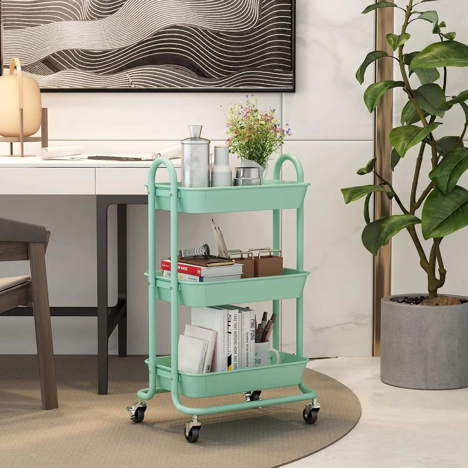 3-Tier Green Utility Rolling Cart with Plastic Baskets,Kitchen Storage Carts with Wheels,Green Metal Rolling Cart for Office,Home,Kitchen,Garden（18"x11.4"x31.2"）