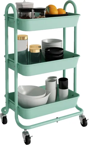 3-Tier Green Utility Rolling Cart with Plastic Baskets,Kitchen Storage Carts with Wheels,Green Metal Rolling Cart for Office,Home,Kitchen,Garden（18"x11.4"x31.2"）