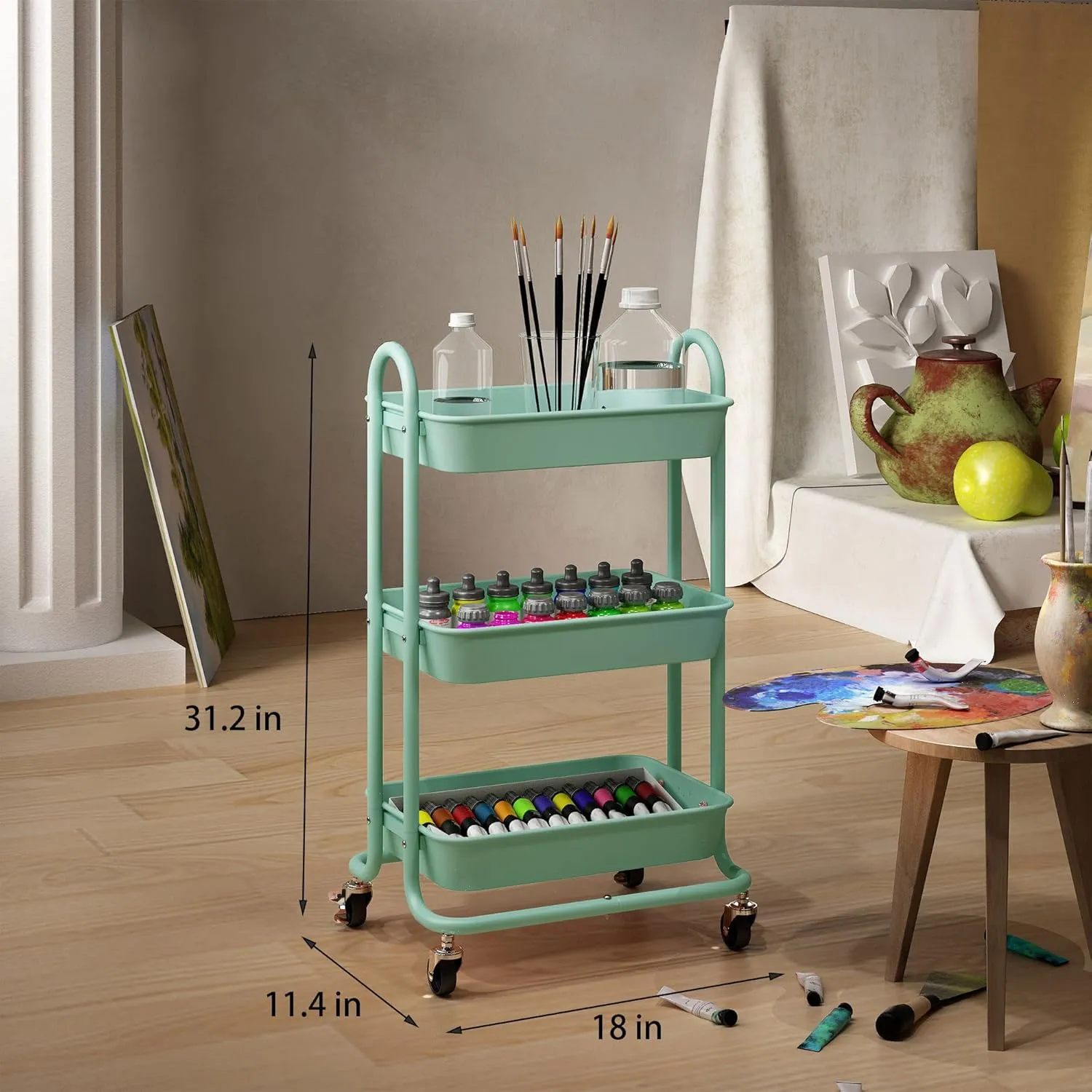 3-Tier Green Utility Rolling Cart with Plastic Baskets,Kitchen Storage Carts with Wheels,Green Metal Rolling Cart for Office,Home,Kitchen,Garden（18"x11.4"x31.2"）