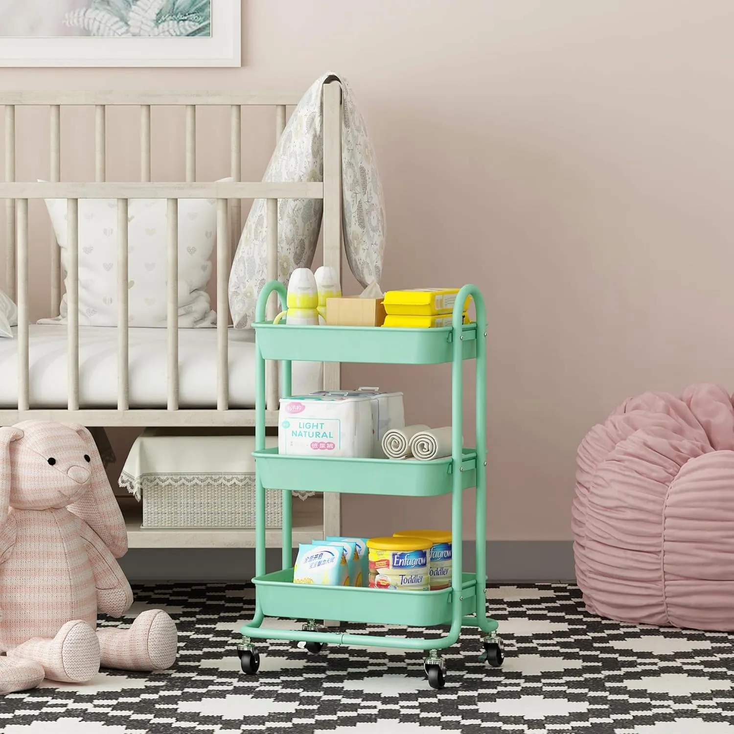 3-Tier Green Utility Rolling Cart with Plastic Baskets,Kitchen Storage Carts with Wheels,Green Metal Rolling Cart for Office,Home,Kitchen,Garden（18"x11.4"x31.2"）
